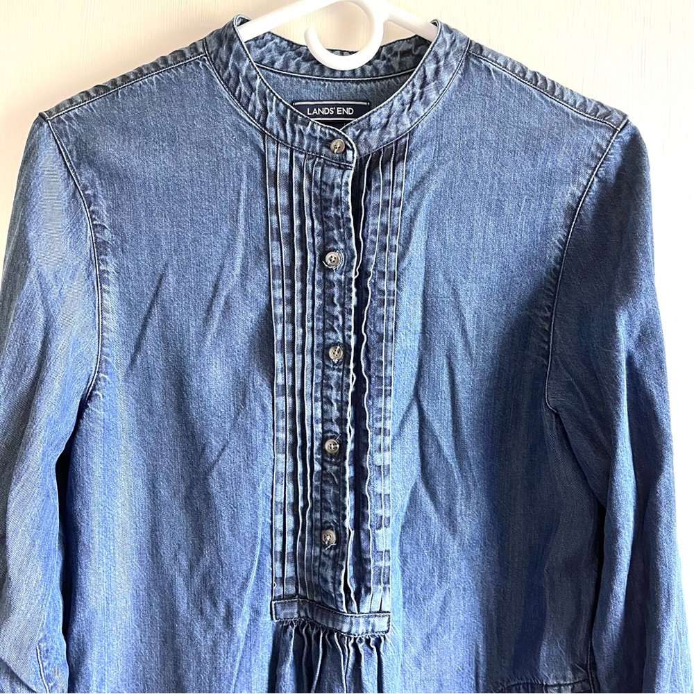 Lands End Shirt Dress Womens 12 Blue Chambray Pintuck Roll Tab Sleeve Pockets - Picture 3 of 12
